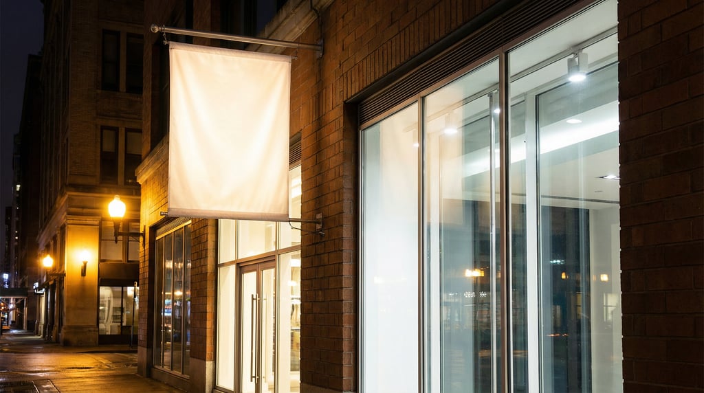 Flag banner on a building outside a glass storefront