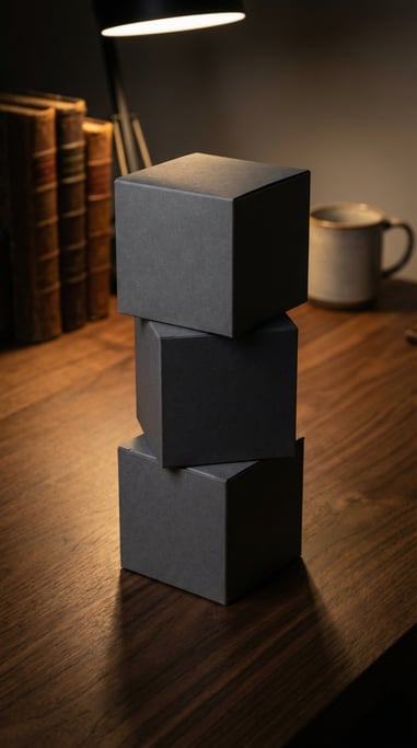 Cube-shaped box, stack of three boxes, matte charcoal finish