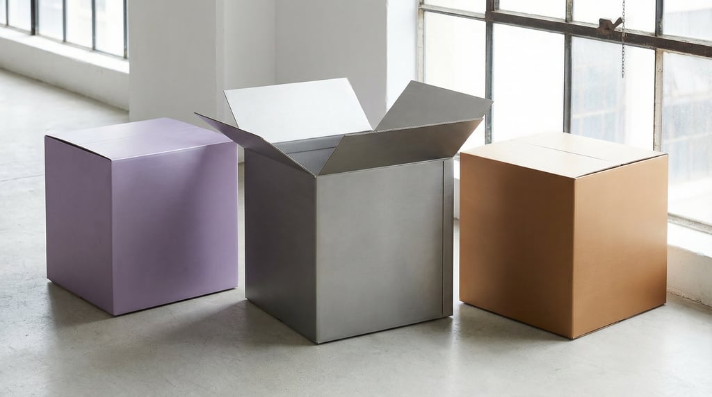 Large shipping box, pair of boxes one open one closed, each a different color — matte lavender