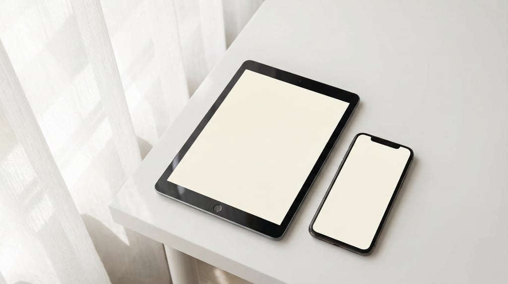 Tablet and smartphone on a clean minimal white desk