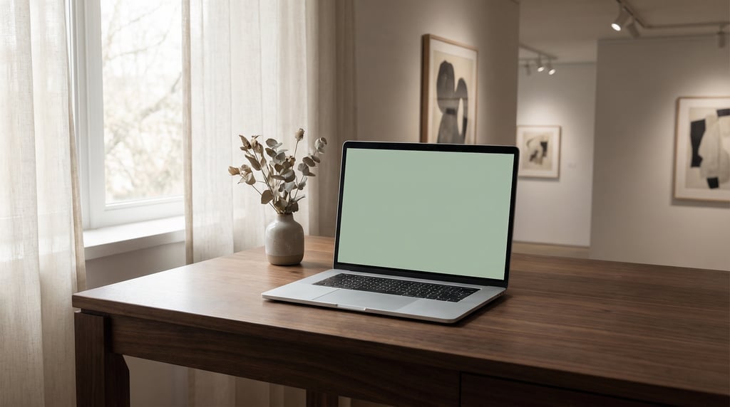 Sleek laptop on a dark walnut desk, blank solid soft sage screen with no content or UI