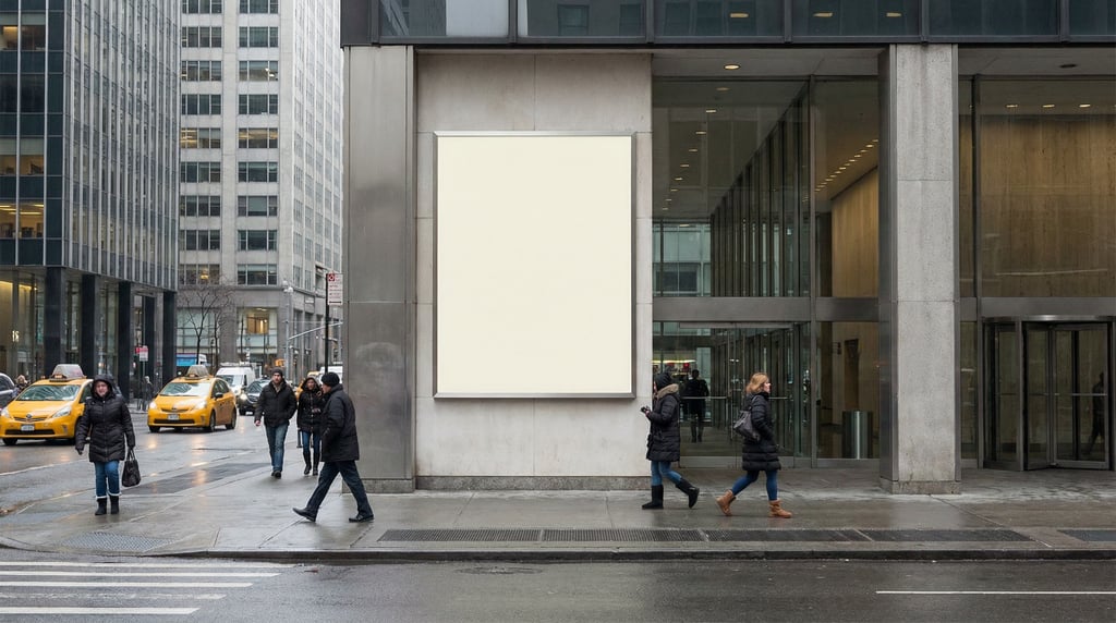 Directory sign in a lobby on a city sidewalk
