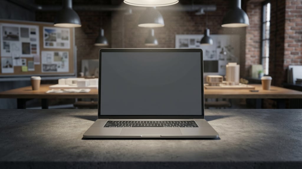 Premium laptop on a dark concrete surface, blank solid charcoal screen with no content or UI