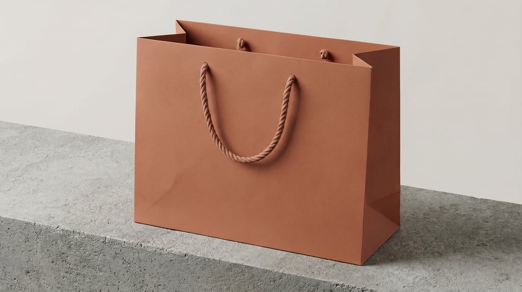 Premium paper shopping bag with rope handles in matte clay, standing with handles spread