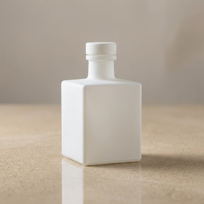 Square glass bottle in matte white, single with reflection below