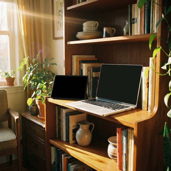 Laptop and tablet on a bookshelf, all with blank solid matte black screens with no content or UI