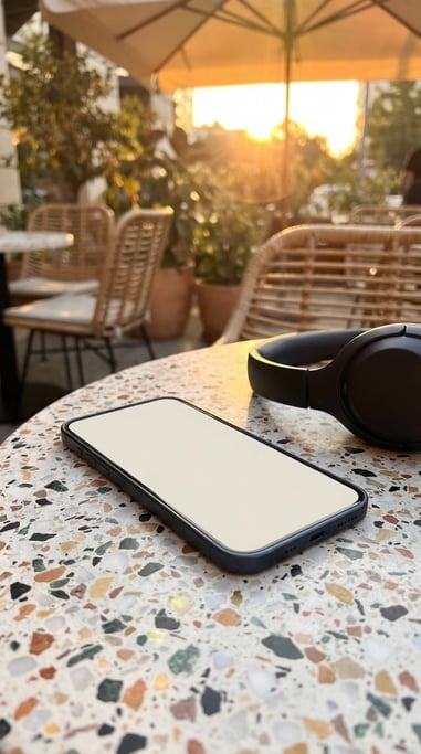 Slim smartphone on a terrazzo surface, blank solid ivory screen with no content or UI