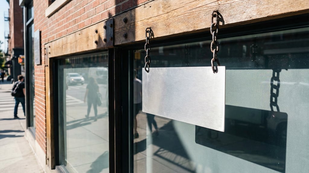 Hanging wooden sign outside a glass storefront