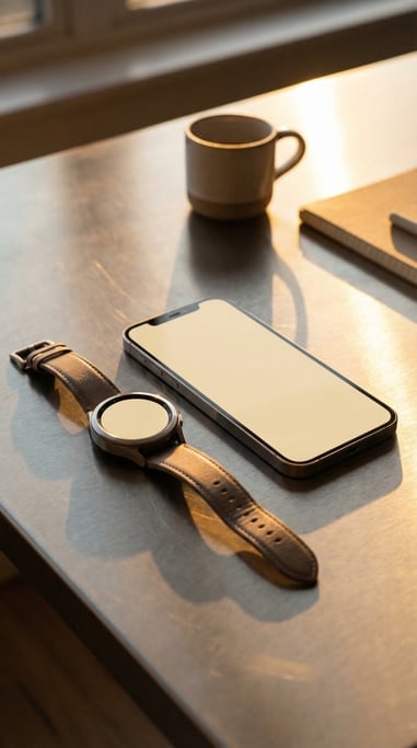 Smartphone and smartwatch on a brushed steel desk