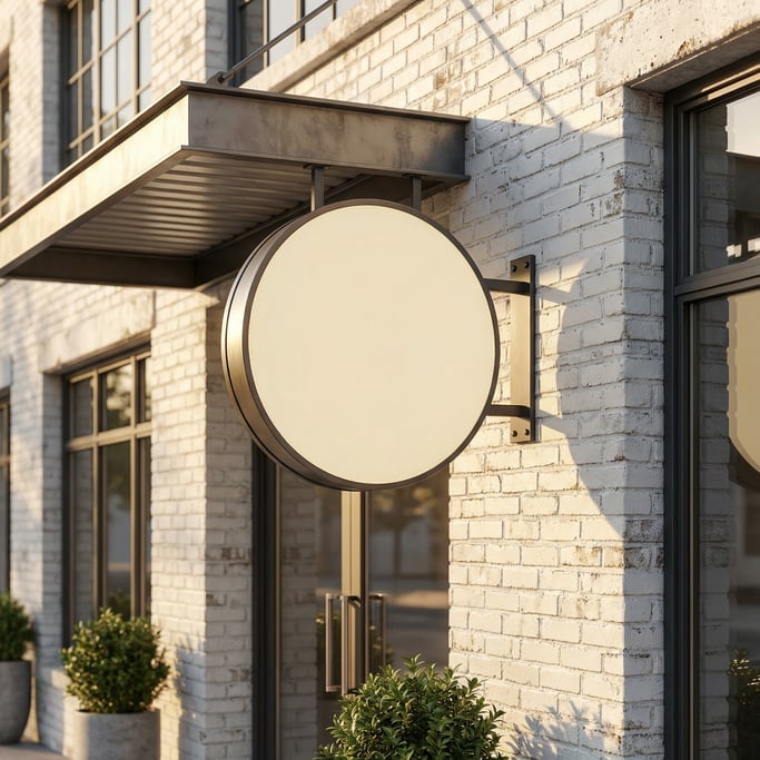 Canopy-mounted sign mounted on a white brick wall