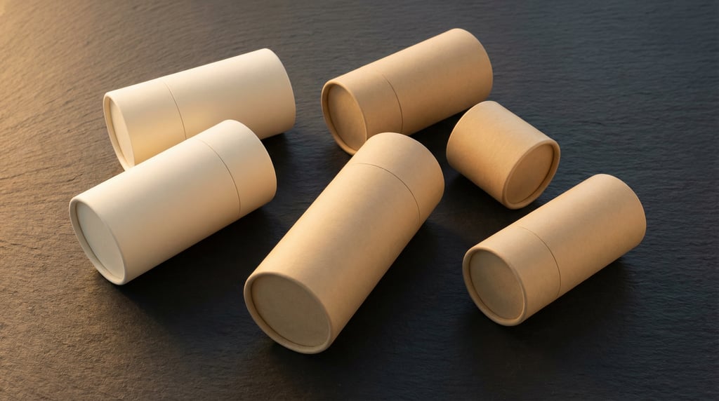 Cylinder tube packaging, scattered arrangement of five boxes, each a different color — matte ivory