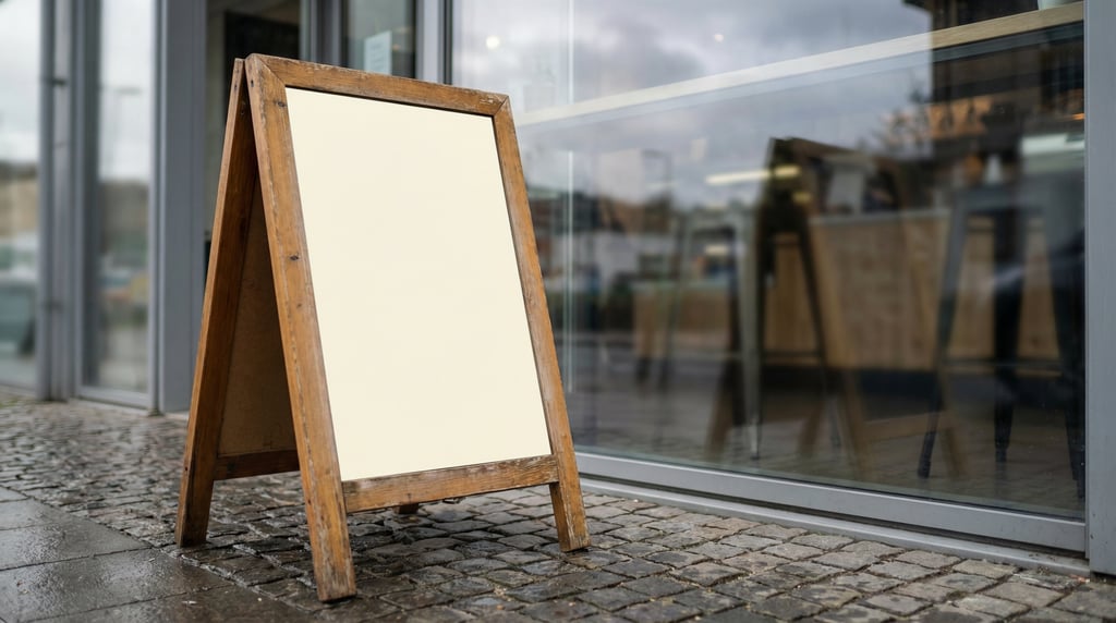 Sandwich board sign outside a glass storefront