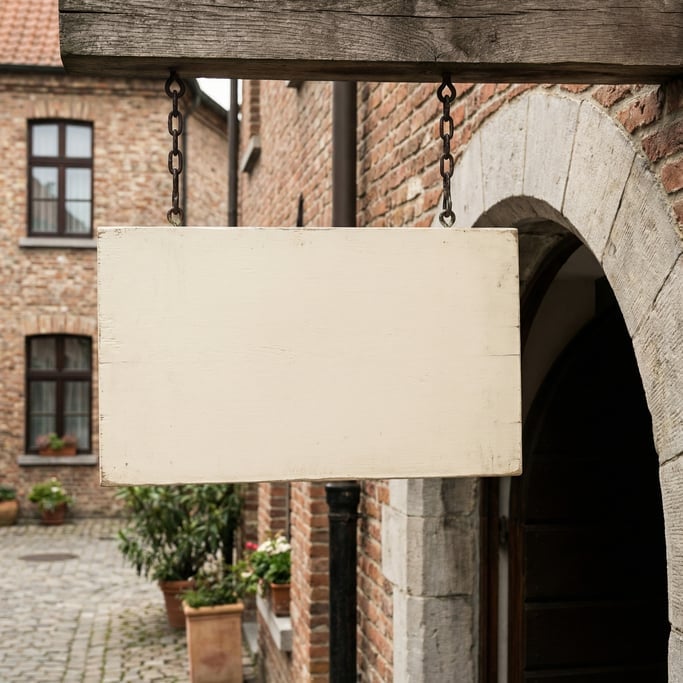 Hanging wooden sign at a building entrance