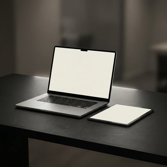 Laptop and tablet on a dark matte desk