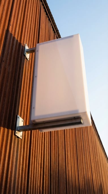 Canopy-mounted sign on a corrugated metal wall
