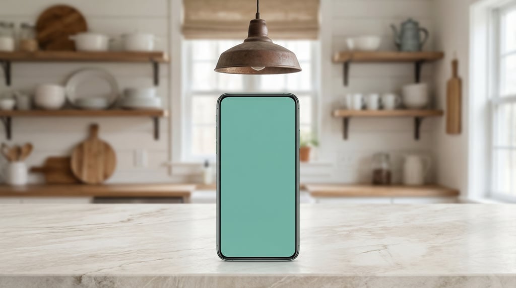 Smartphone on a pale marble surface, blank solid seafoam screen with no content or UI