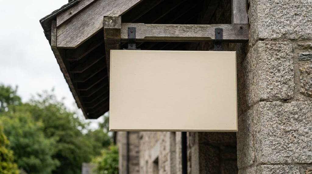 Canopy-mounted sign on a stone column