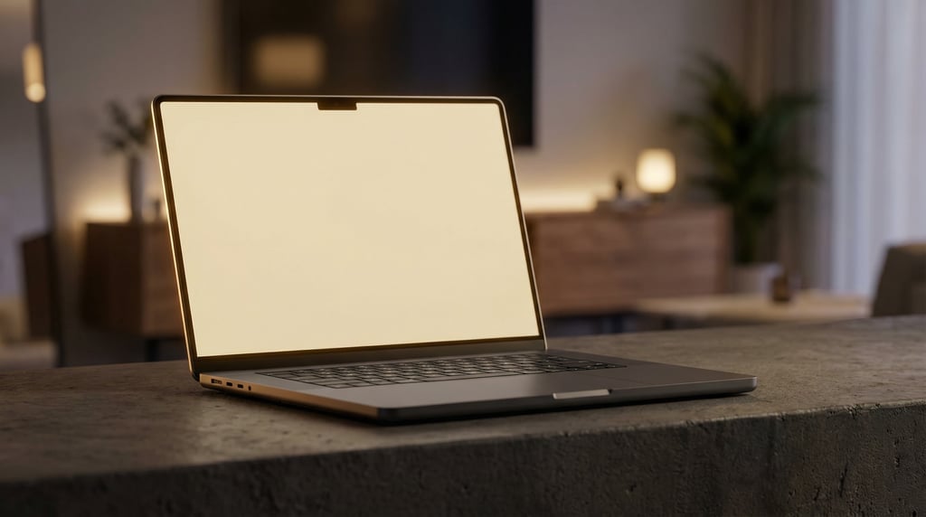 Professional laptop on a dark concrete surface, blank solid pale gold screen with no content or UI