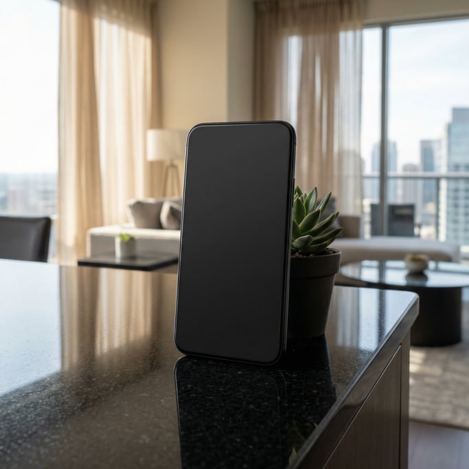 Slim smartphone on a polished black granite surface