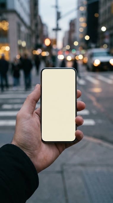 Hand holding a slim smartphone with blurred city street behind
