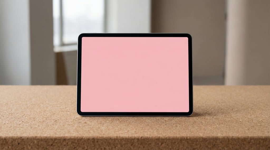 Tablet on a cork desk surface, blank solid soft pink screen with no content or UI