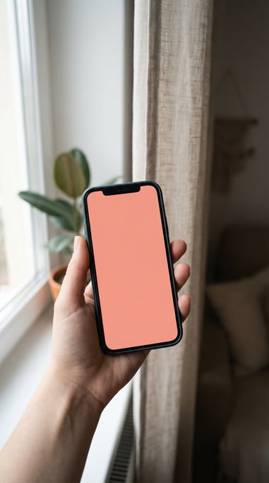 Hand holding a modern smartphone near a window with soft natural light