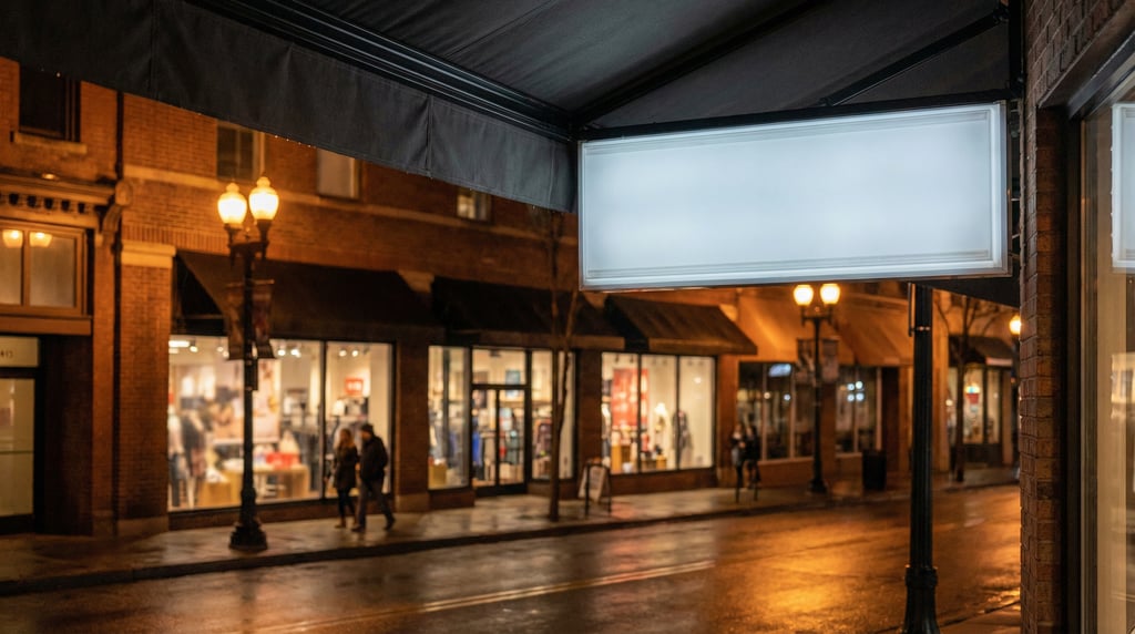 Canopy-mounted sign beside a retail storefront