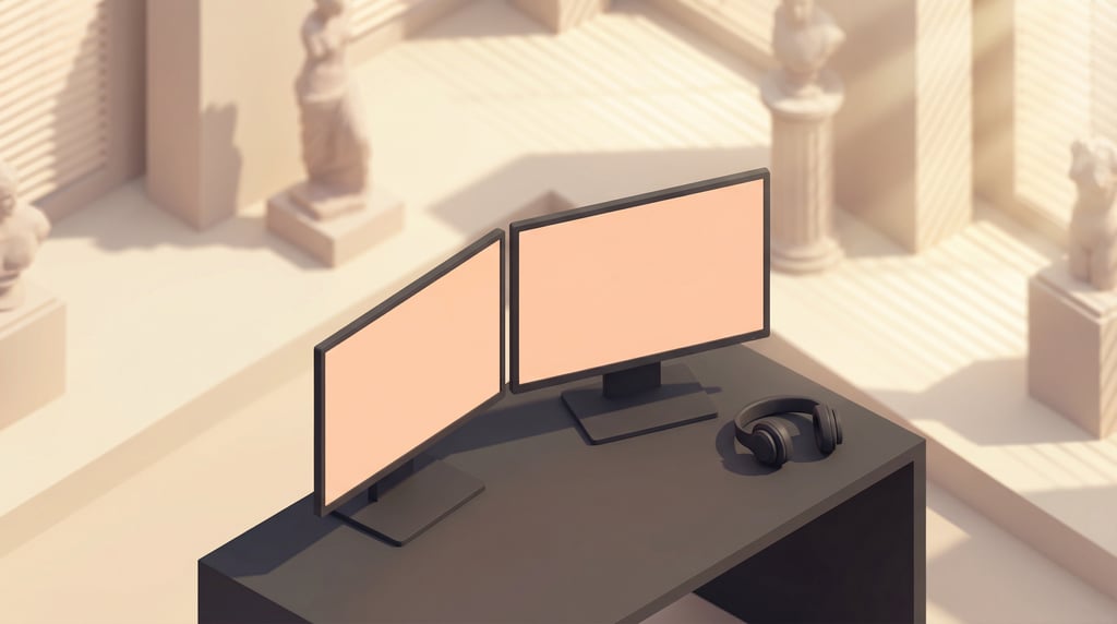 Isometric view, dual monitor setup on a dark matte desk