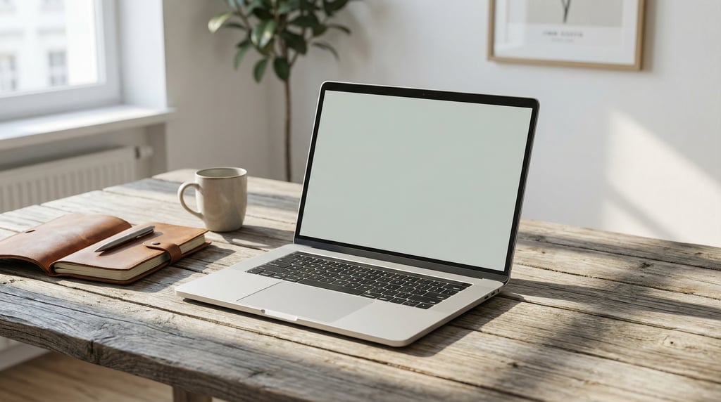 Thin modern laptop on a aged wood surface, blank solid pale grey screen with no content or UI