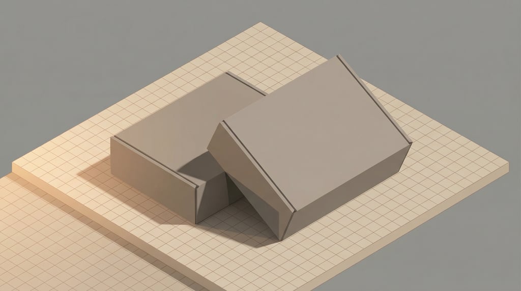 Isometric view, mailer box, two boxes overlapping slightly, matte taupe finish