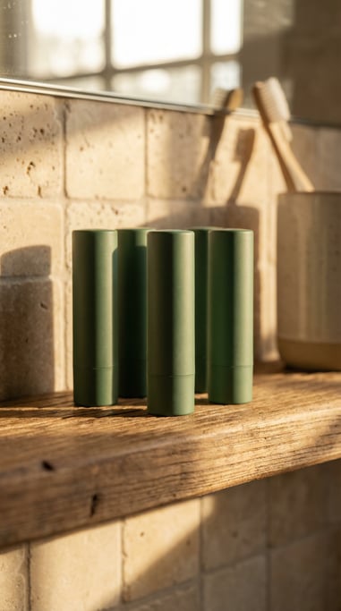 Lip balm tube in matte forest green, group of five arranged casually