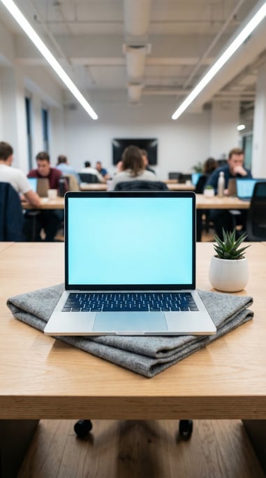 Thin modern laptop on a folded grey cloth, blank solid arctic blue screen with no content or UI