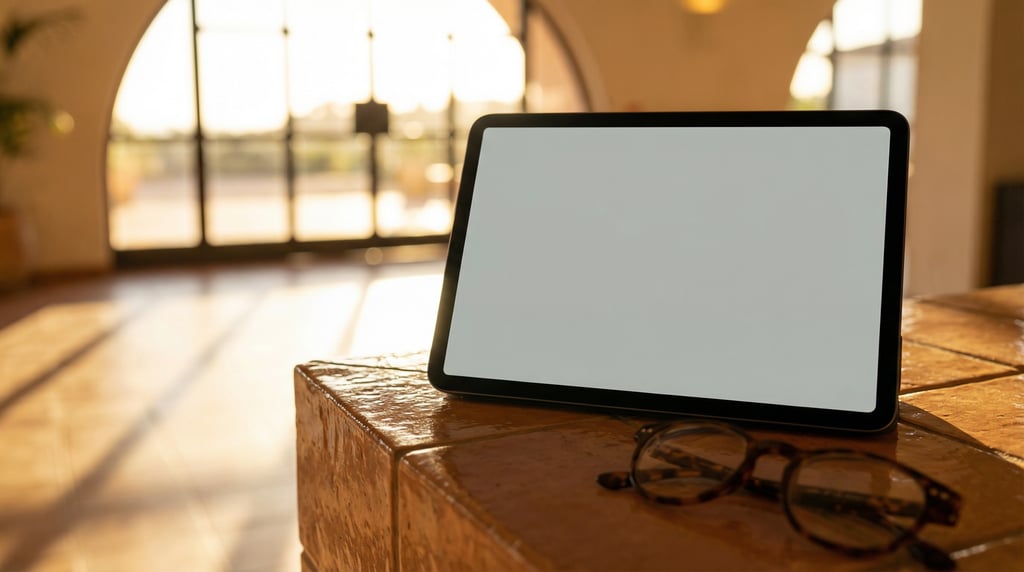 Tablet on a ceramic tile surface, blank solid light grey screen with no content or UI