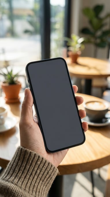 Hand holding a modern smartphone at slight angle in a bright cafe