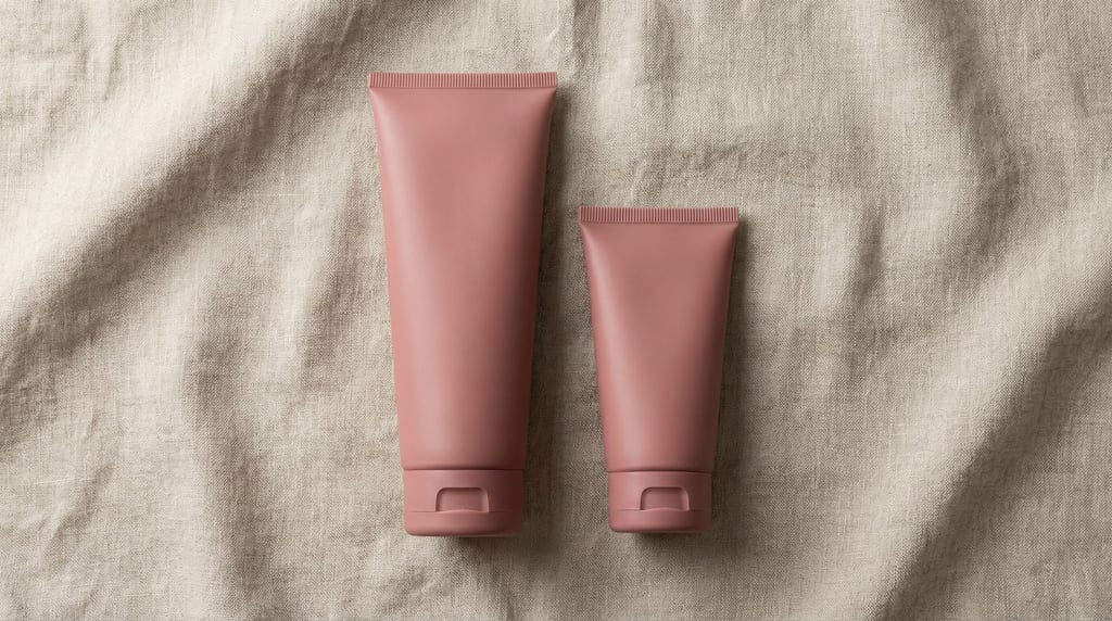 Flip-top squeeze bottle in matte dusty rose, pair one tall one short