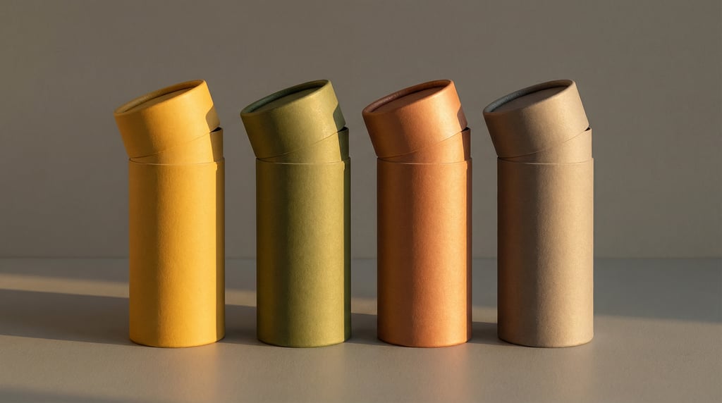 Tall narrow product box, single box with lid slightly ajar, each a different color — matte mustard