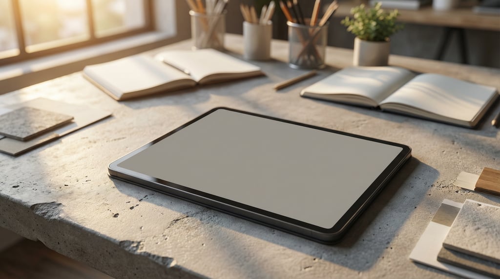 Tablet on a concrete desk, blank solid dove grey screen with no content or UI