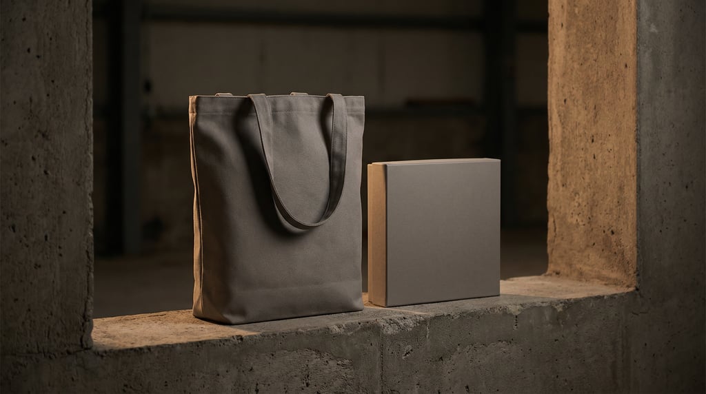 Canvas tote bag in matte pewter, next to a matching box
