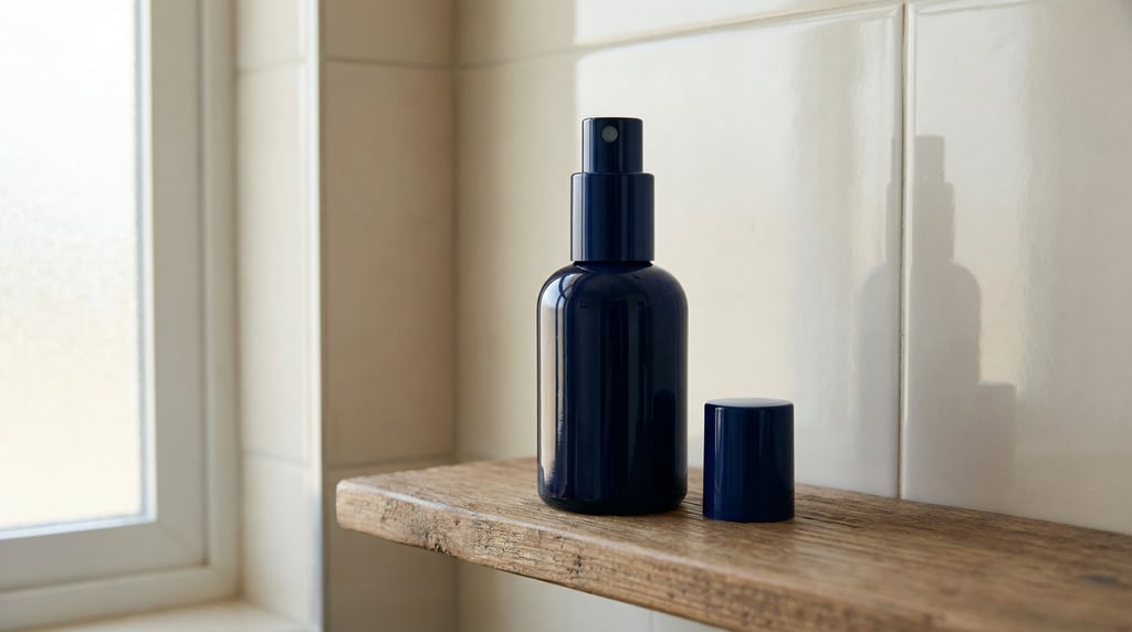 Spray bottle in glossy navy, single with cap removed beside it