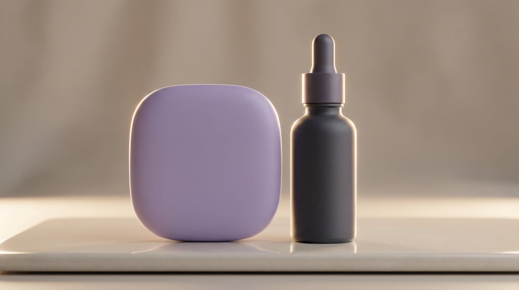 Cosmetic compact in matte lavender and essential oil bottle in matte charcoal