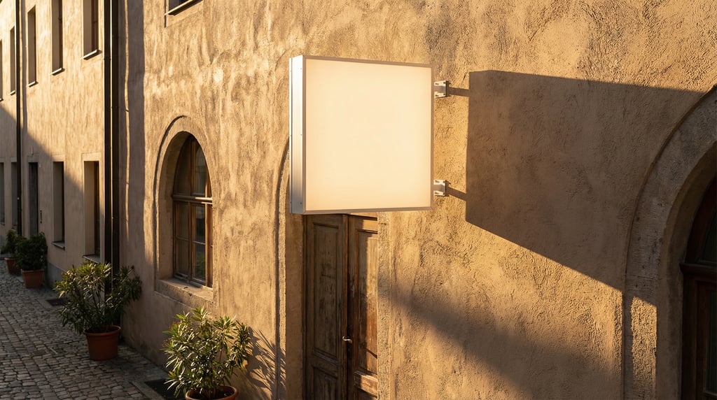 Square wall-mounted blade sign on a stucco building wall