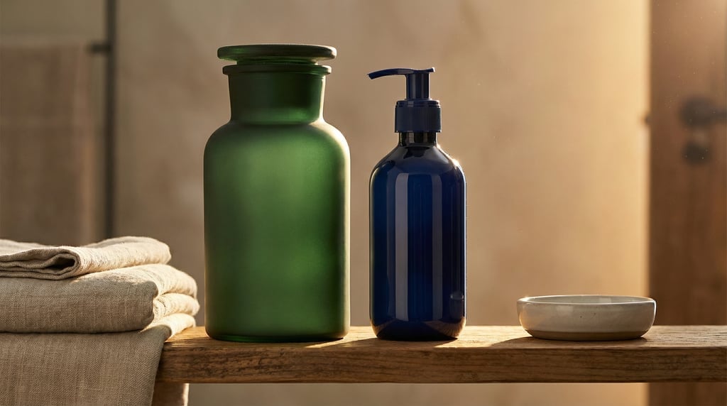 Tall apothecary jar in matte forest green and lotion pump bottle in glossy navy