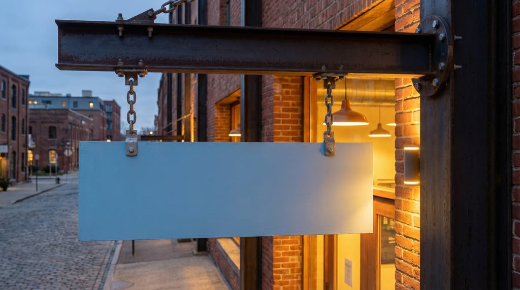 Rectangular hanging sign attached to a metal beam