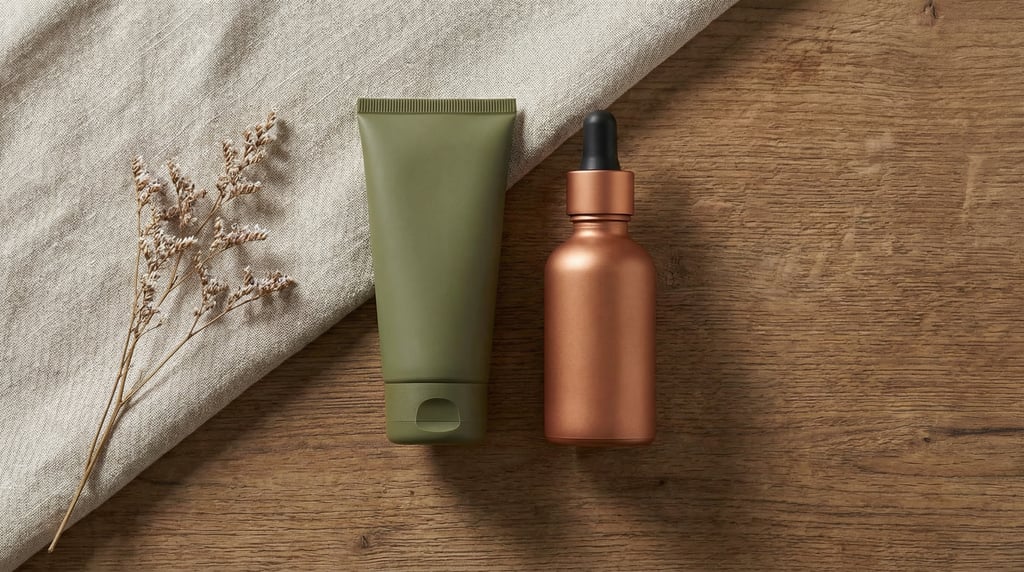 Squeeze tube in matte olive and dropper bottle in matte copper