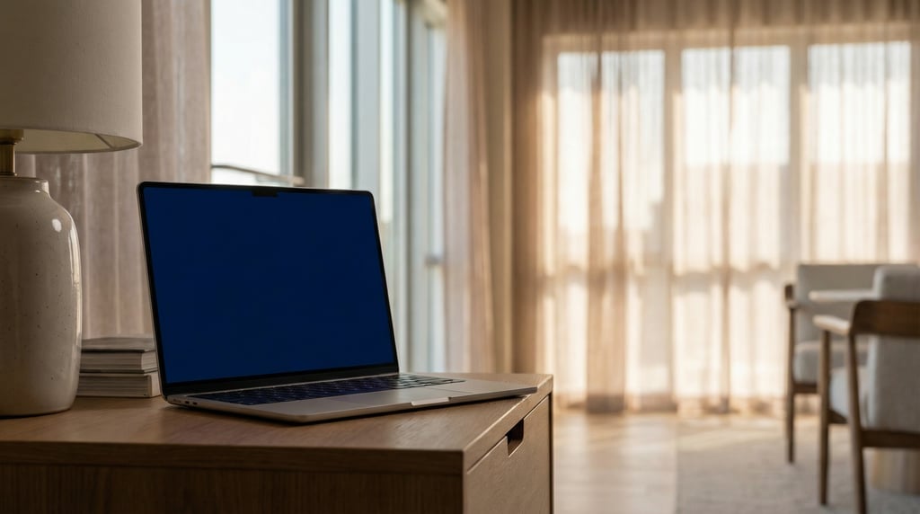 Sleek laptop on a nightstand, blank solid navy screen with no content or UI