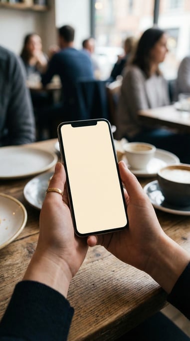 Hand holding a slim smartphone at a table in a restaurant