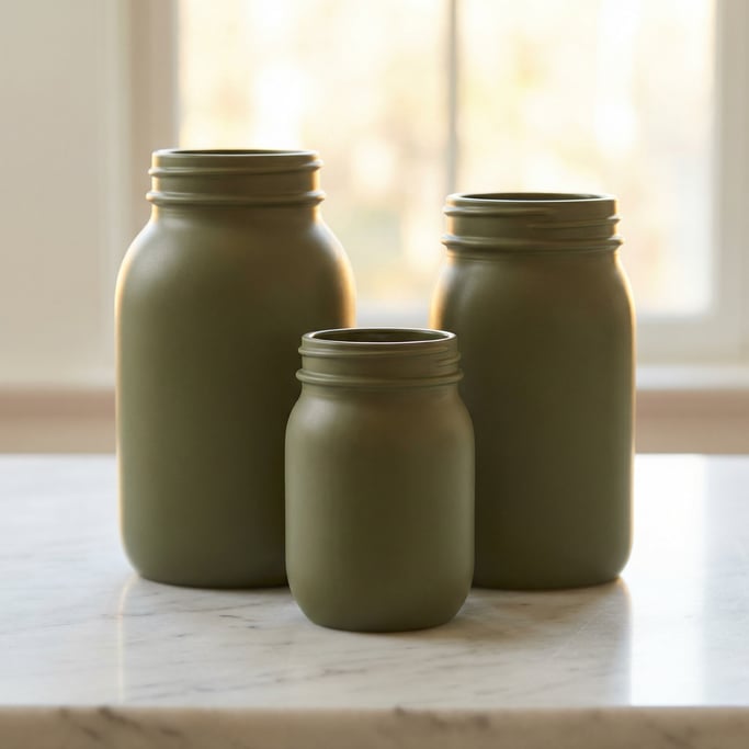 Mason-style jar in matte olive, cluster of three different sizes