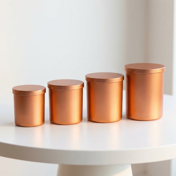 Candle jar with lid in matte copper, row of four in graduated heights