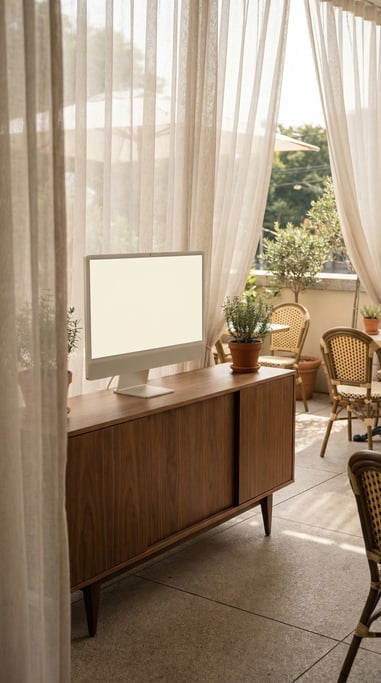 Desktop monitor on a mid-century modern credenza, blank solid ivory screen with no content or UI