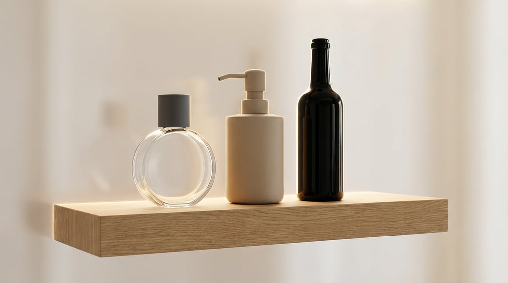 Round glass bottle with cap in matte charcoal and soap dispenser in matte sand and tall slim glass b